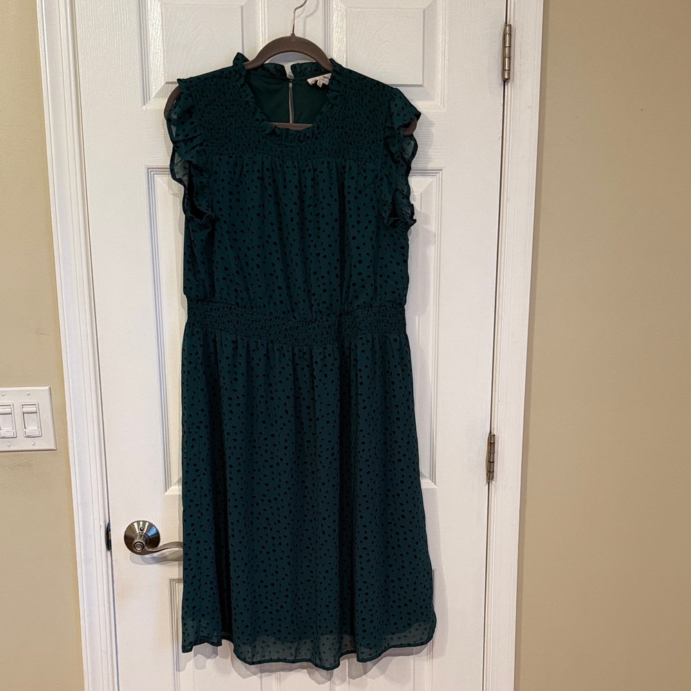 Dark Green and black Dot Ruffle Midi Dress